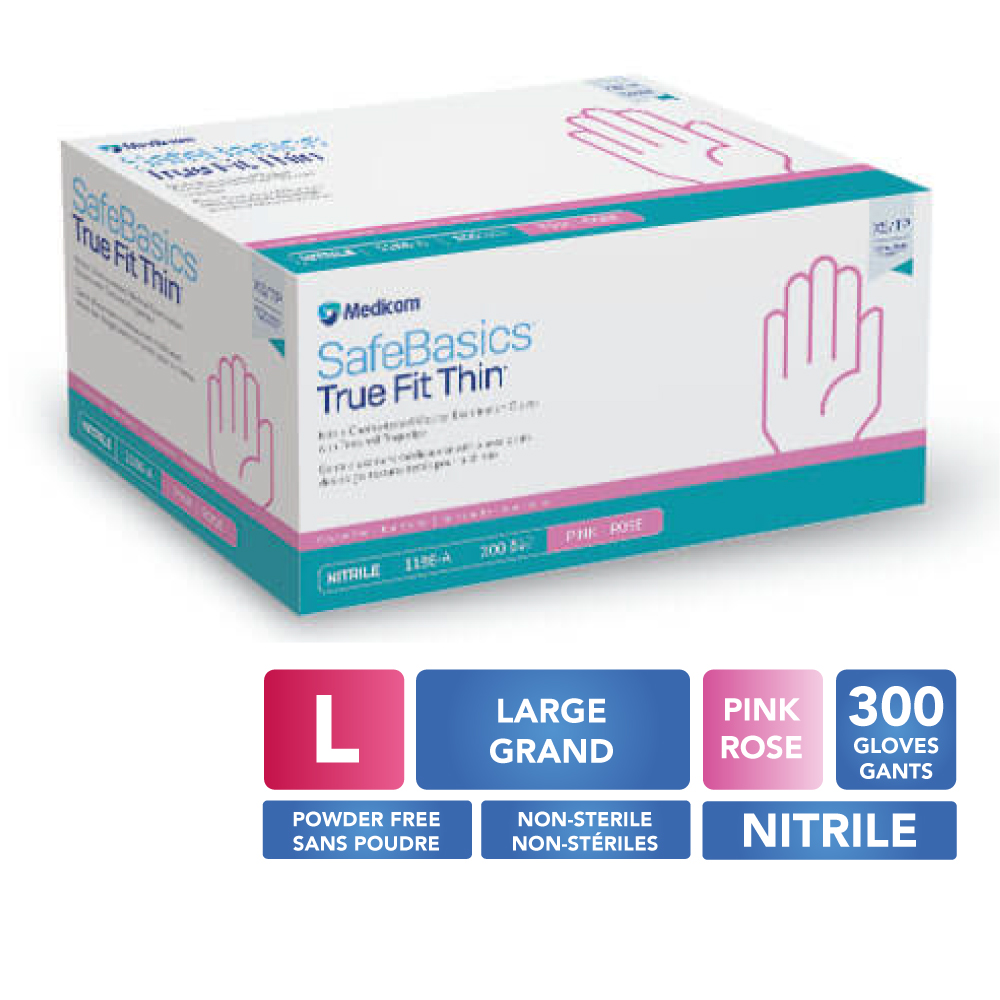 [5MED1186-D] MEDICOM® SafeBasics™ True Fit Thin™ Gants en nitrile texturés sans poudre - Grand (300) Rose